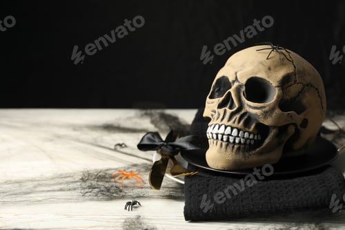 Preview: Halloween table setting, skull in a black bowl
