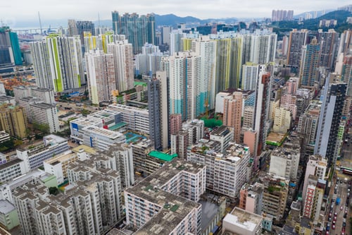 Preview: Sham Shui Po, Hong Kong 07 May 2019: Drone fly over Hong Kong urban city
