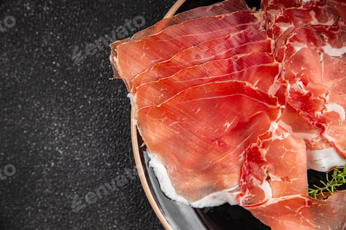 Preview: Jamon meat iberico or serrano snack aperitif fresh tasty food dish delicious gourmet food background