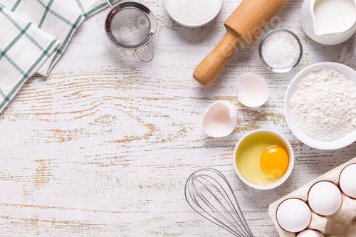 Preview: Ingredients for baking - flour, eggs, salt, sugar, milk.