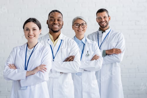 Preview: cheerful multiethnic physicians standing with crossed arms and smiling at camera