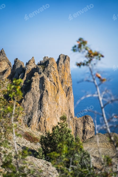 Preview: Sheer cliffs near the sea of the volcanic formation Karadag in Koktebel Crimea
