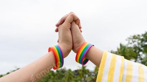 Preview: Lesbian gay woman trust hand symbol of love outdoors. LGBT Coupple trust hand make love outdoors
