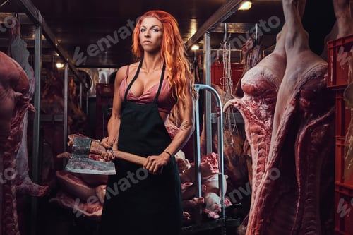 Preview: Redhead female in a meat factory.