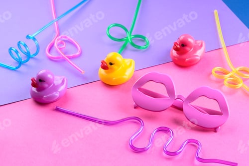 Preview: Colorful funky summer flat lay with color items
