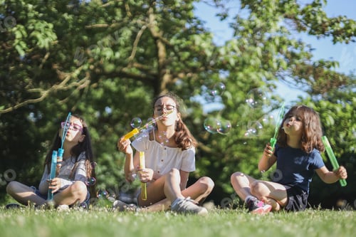 Preview: Portrait of three beautiful caucasian girl sisters blowing soap bubbles while sitting in the park