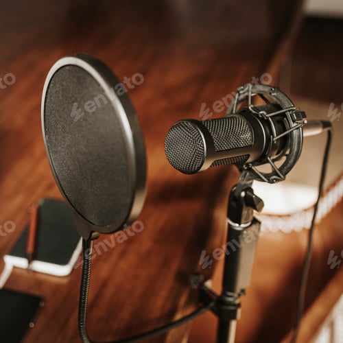 Preview: Professional condenser microphone with a pop filter in a studio