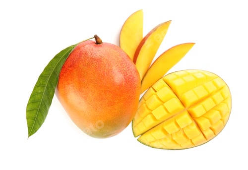 Preview: Delicious ripe mangoes on white background, top view