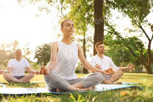 Preview: People practicing yoga in park at morning