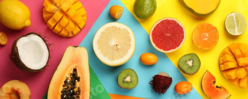 Preview: Set of exotic fruits on multicolored background
