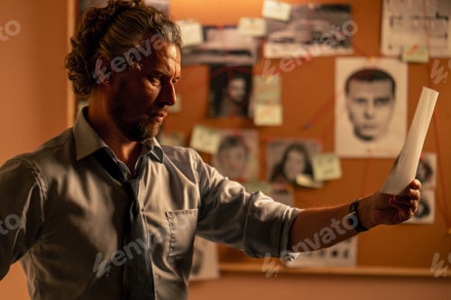 Preview: in the detective's office middle-aged investigator in a shirt and tie examines with a magnifying