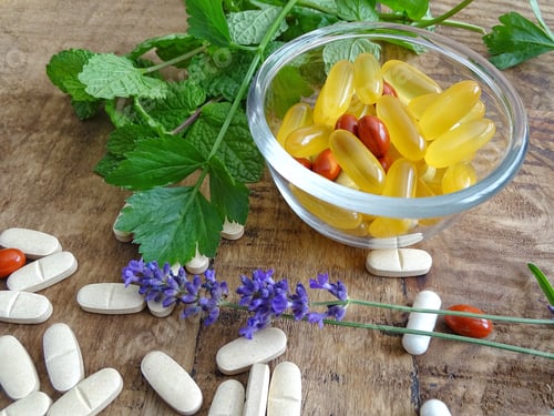 Preview: Bowl with fish oil and other supplements on a wooden table
