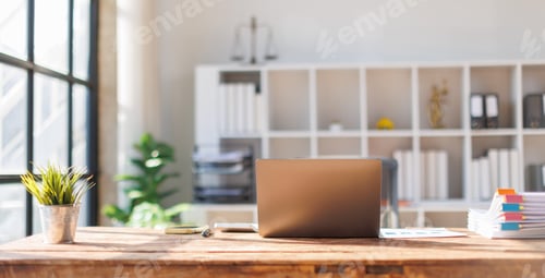 Preview: Many folders with documents and laptop on wooden desk,