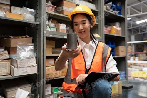 Preview: woman wearing visible vest hold clipboard in warehouse check and arrange box in the steel shelf
