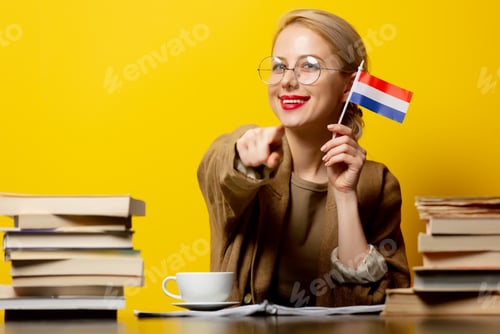 Preview: Style blonde womansitting at table with books and flag of Netherlands on yellow background