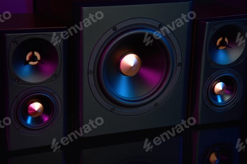 Preview: Two sound speakers and subwoofer on dark background with neon lights