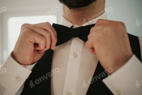 Preview: Well Dressed Man Adjusting Black Bowtie Indoors