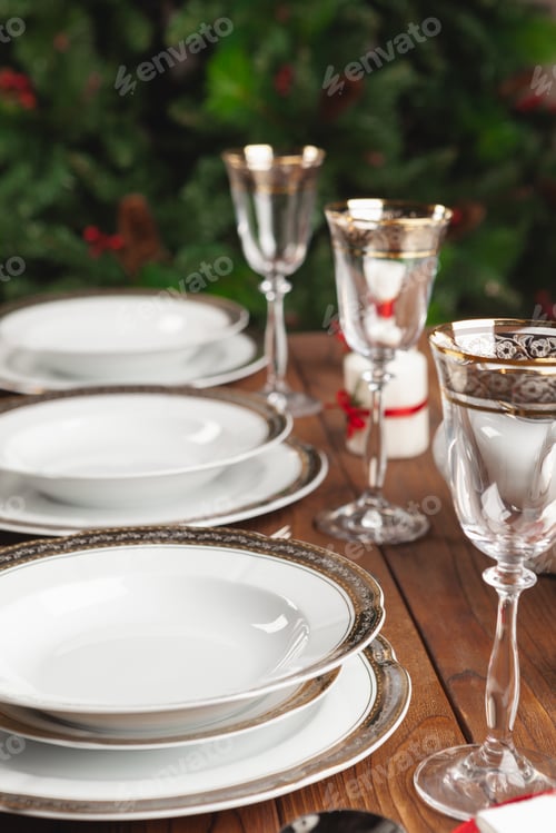 Preview: Close up of holiday table setting modern interior