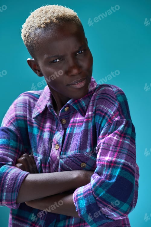 Preview: Confident Woman with Platinum Hair in Plaid Shirt