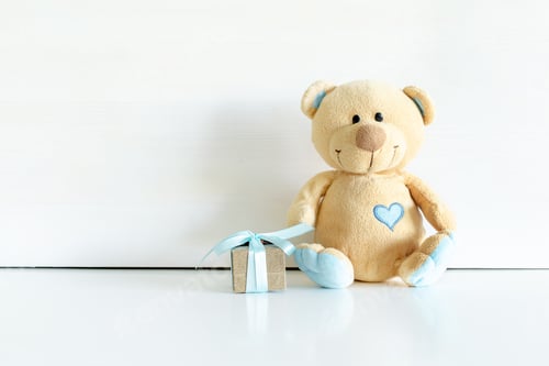 Preview: Little teddy bear toy with gift box. Baby shower, present for boy child birthday