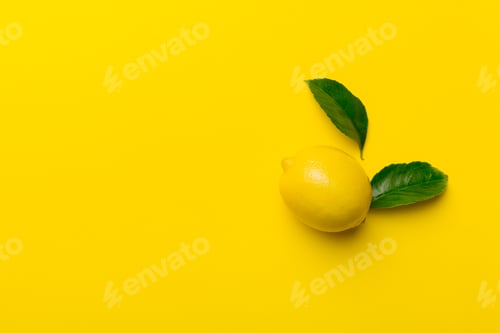 Preview: Many fresh ripe lemons with green leaves on colored background, top view, space for text
