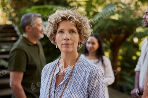 Preview: Mature serene woman at wellness retreat outdoor