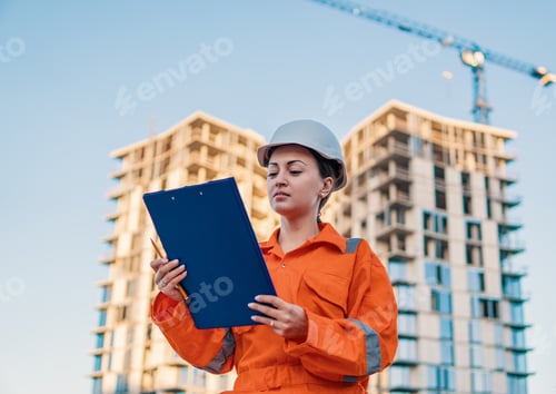 Preview: beatiful business woman engineer wearing orange coverall