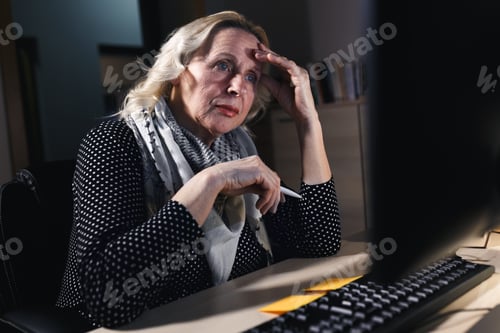 Preview: Senior businesswoman at home working late at night using desktop computer.