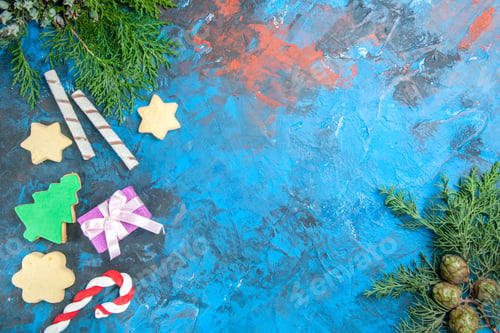 Preview: top view little presents with candies on blue background photo color holiday christmas new year