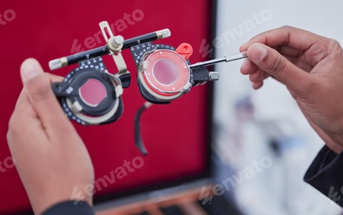 Preview: Hands, trial frame and optometry, lens and test, vision and glasses with ophthalmologist tools, hea