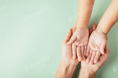 Preview: Top view of parents and kid holding empty hands isolated. Illustrating Family Day symbolizing