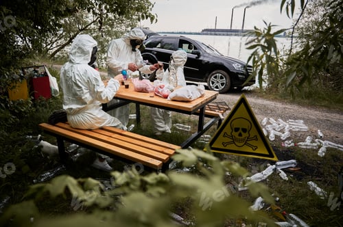 Preview: Family ecologists resting in roadside forest with trash and warning sign.