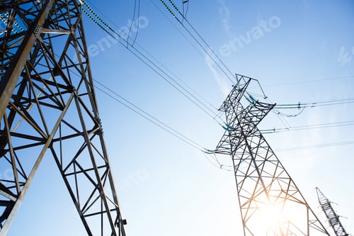 Preview: Electrical Grid and Transmission Line at Dusk. Electricity Pylons Against Sky at Sunset
