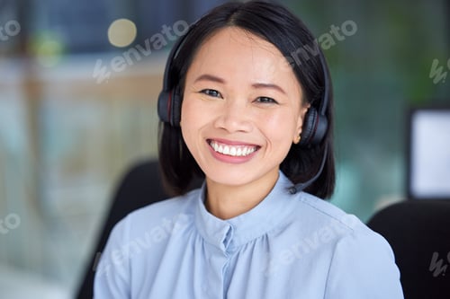 Preview: Call center, asian, woman and sales consultant with a smile for sales, customer support and telemar