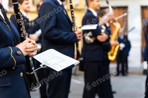 Preview: Band musicians with their instruments on the street. Typical music bands in Spain.