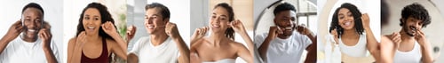 Preview: Oral Care. Diverse Multiethnic People Using Dental Floss Near Mirror In Bathroom