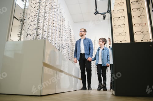 Preview: Family buy glasses. Father in a blue shirt