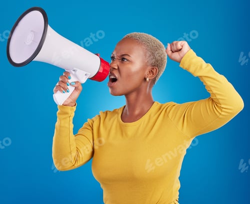 Preview: Megaphone, black woman and screaming in studio with fist of power, broadcast or vote on blue backgr