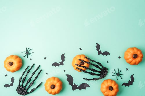 Preview: Orange pumpkins and black skeleton hands with bats and spiders on mint background