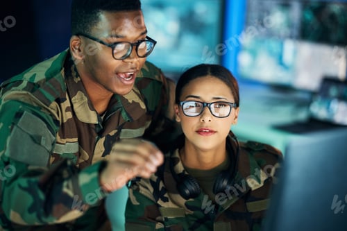 Preview: Night strategy, army and people with computer for communication, planning or surveillance of govern