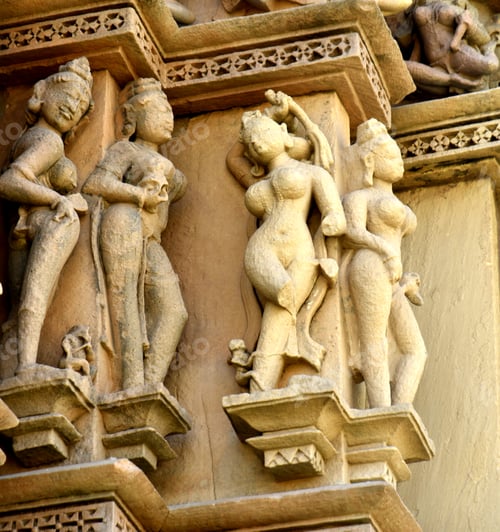 Preview: Stone carving sculptures on Khajuraho Temple, a UNESCO world Heritage site, India.