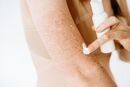 Preview: Peeling skin with freckles after sunburn, dermatological problems on female arms and shoulders