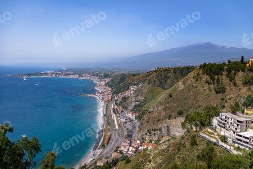 Preview: Aerial view of Taormina city, mediterranean sea and Mount Etna Volcano - Taormina, Sicily, Italy