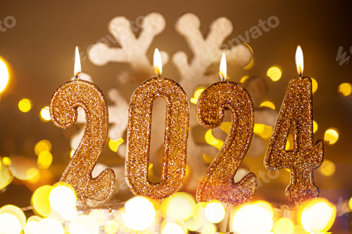 Preview: year 2024 golden Candles. Happy New Year 2024 poster.