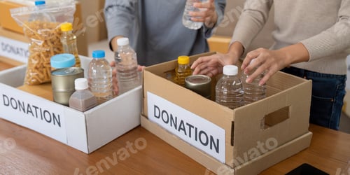 Preview: Group of volunteer woman working in home. Happy volunteer looking at food donation box separating