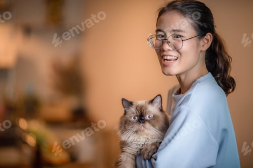 Preview: asian women holding a cat in her arm and smiling at camera, lifestyle concept