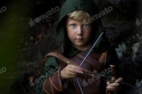 Preview: Close up portrait of a boy in a medieval costume holding a bowstring against a forest background