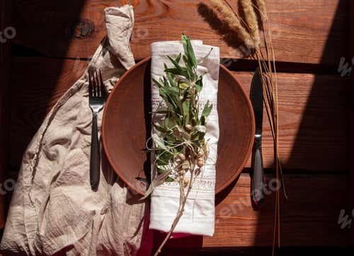 Preview: Empty craft handmade clay plate fork knife tablecloth Table place hand crafted dish interior decor
