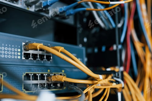 Preview: Close up view of internet equipment and cables in the server room
