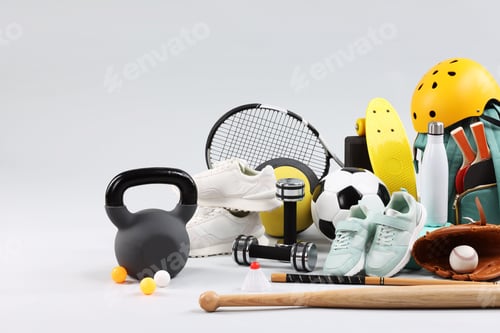 Preview: Many different sports equipment on light grey background
